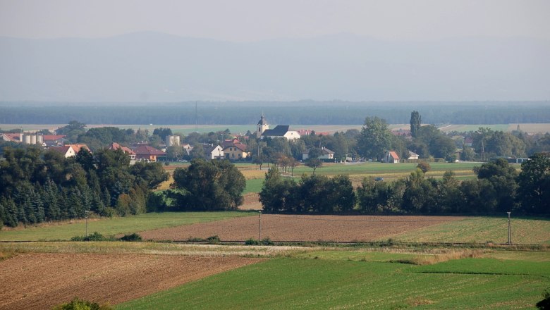 Landscape with fields and village in the background, Weikersdorf am Steinfelde.