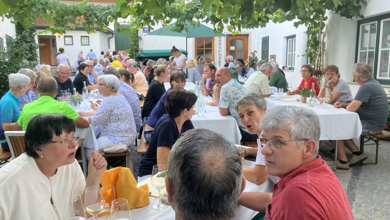 People sit at outdoor tables under vines and chat.