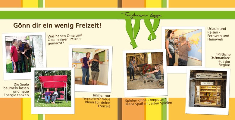 Collage with leisure activities and texts on leisure activities.