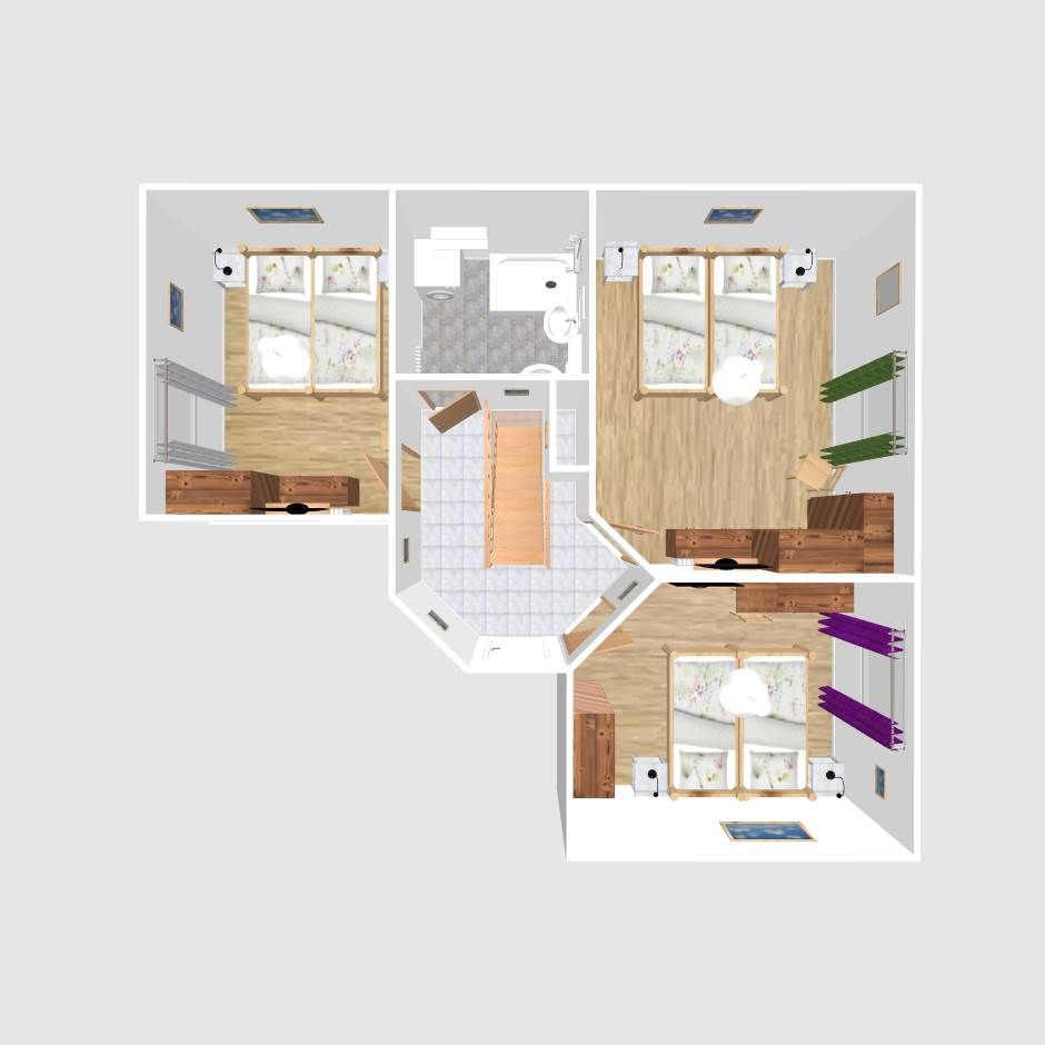 3D floor plan of an apartment with three bedrooms, bathroom and staircase.