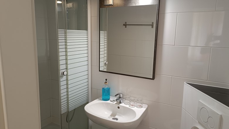 Modern bathroom with shower, washbasin and mirror.