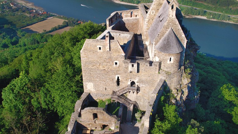 Aerial view of the Aggstein ruins above the Danube.