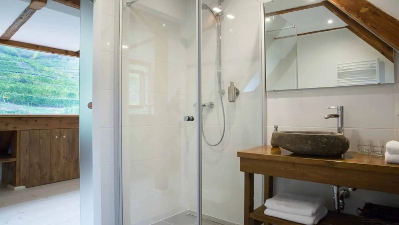 Modern bathroom with glass shower, wooden washbasin and stone washbasin.