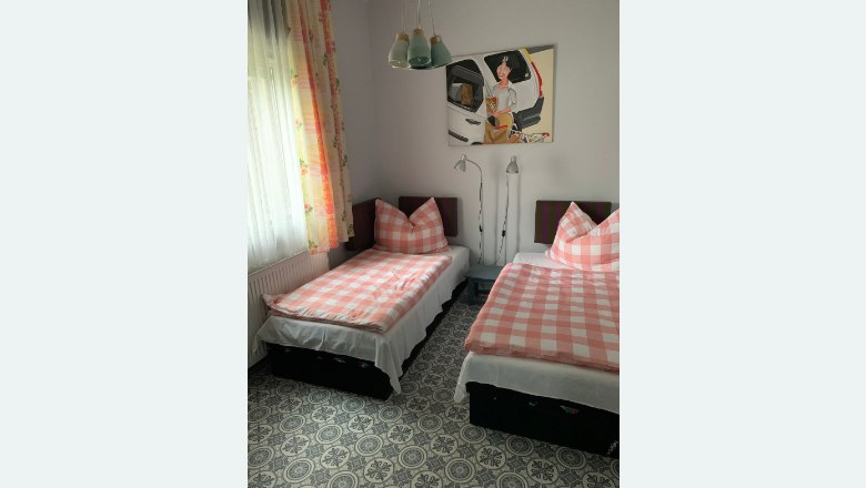 Two single beds with pink and white checkered comforters in a bedroom with a patterned floor and a picture on the wall.
