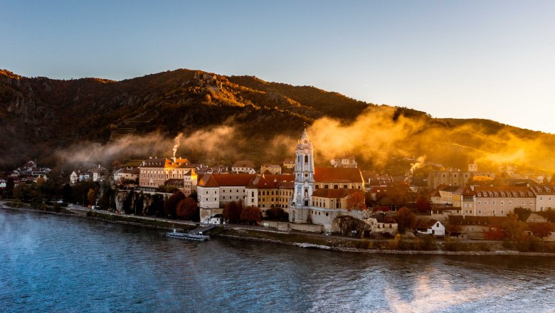 Dürnstein Abbey in the fall fog