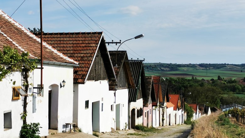 Row of wine cellars in Haugsdorf with red roofs and white façades, surrounded by green countryside.