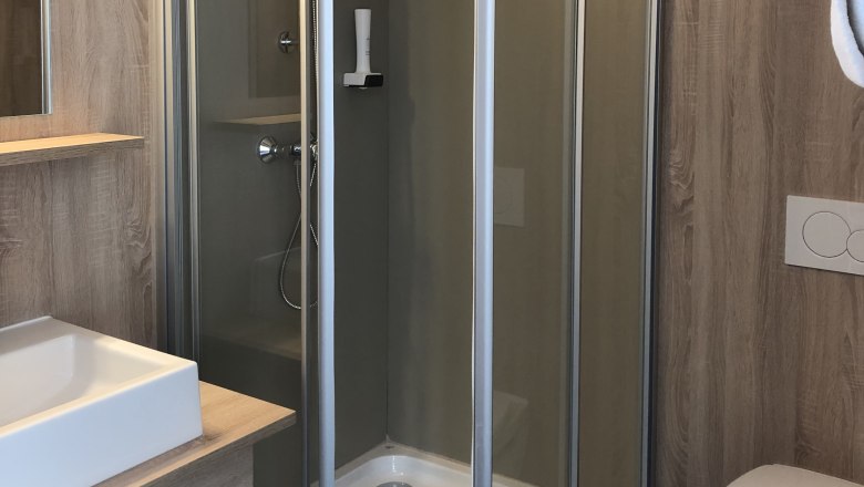 Modern bathroom with shower, washbasin and toilet.