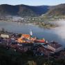 View of Dürnstein with the Danube and morning mist.