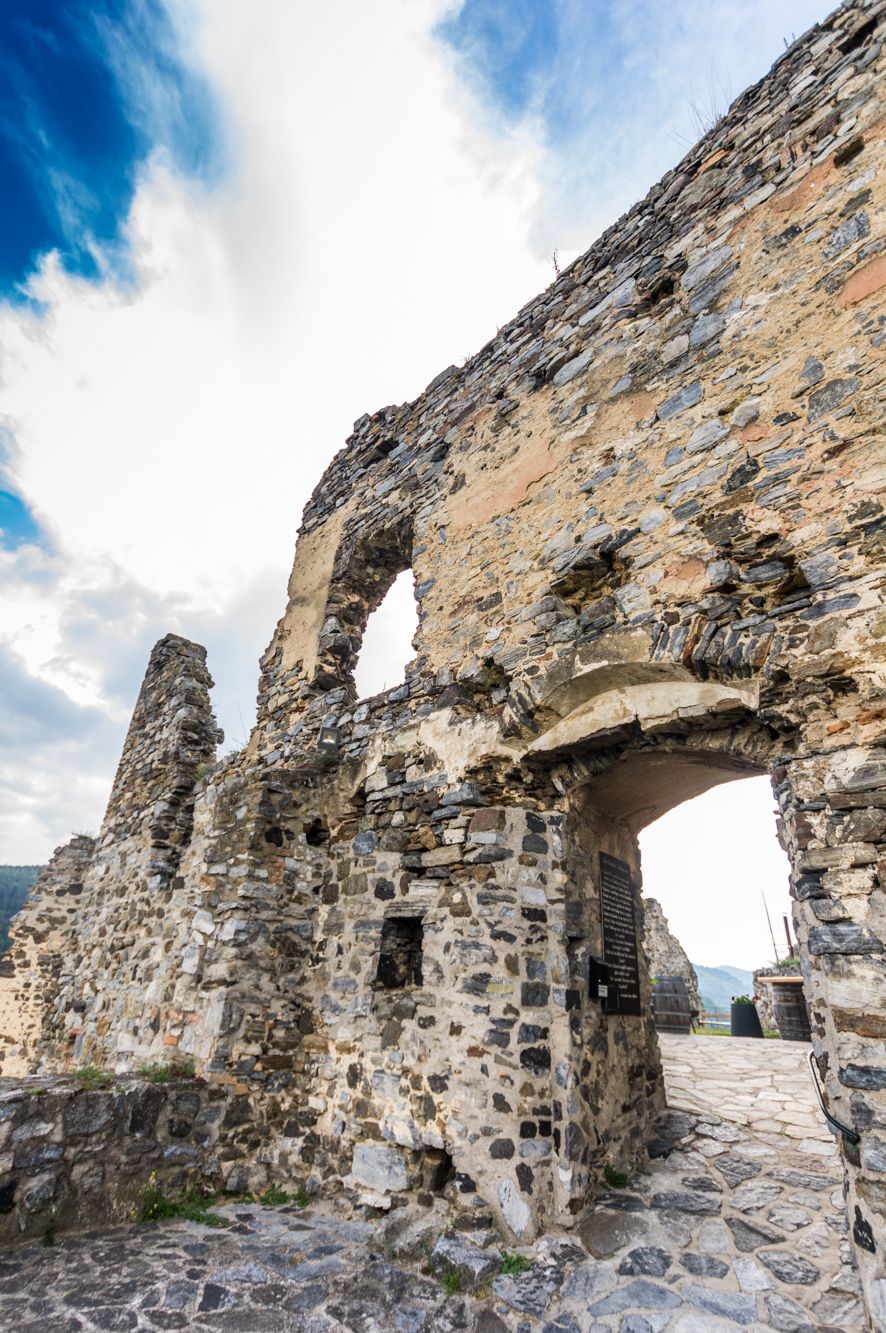 Ruins of Senftenberg Castle with blue sky in the background.