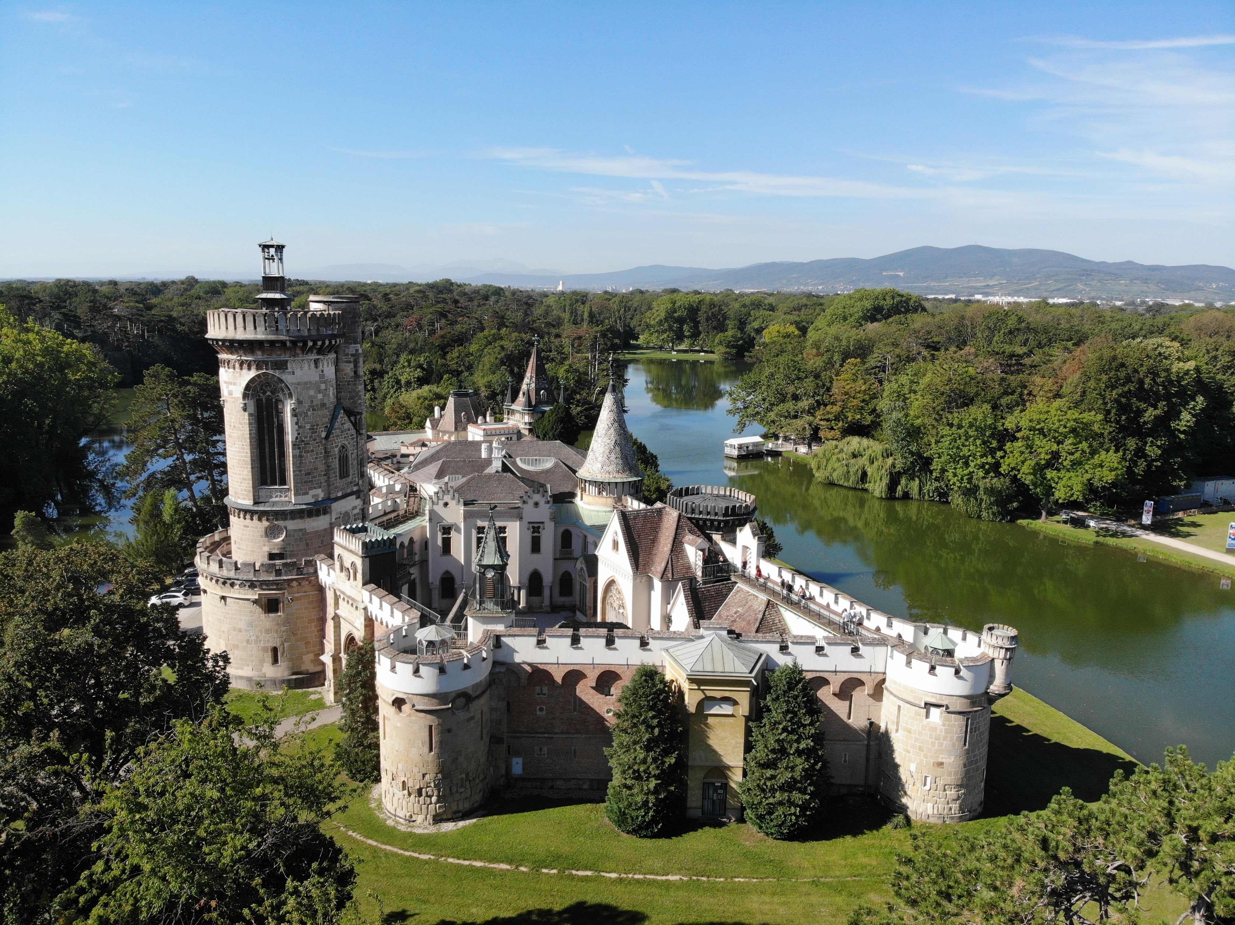 Castle park and pond from above