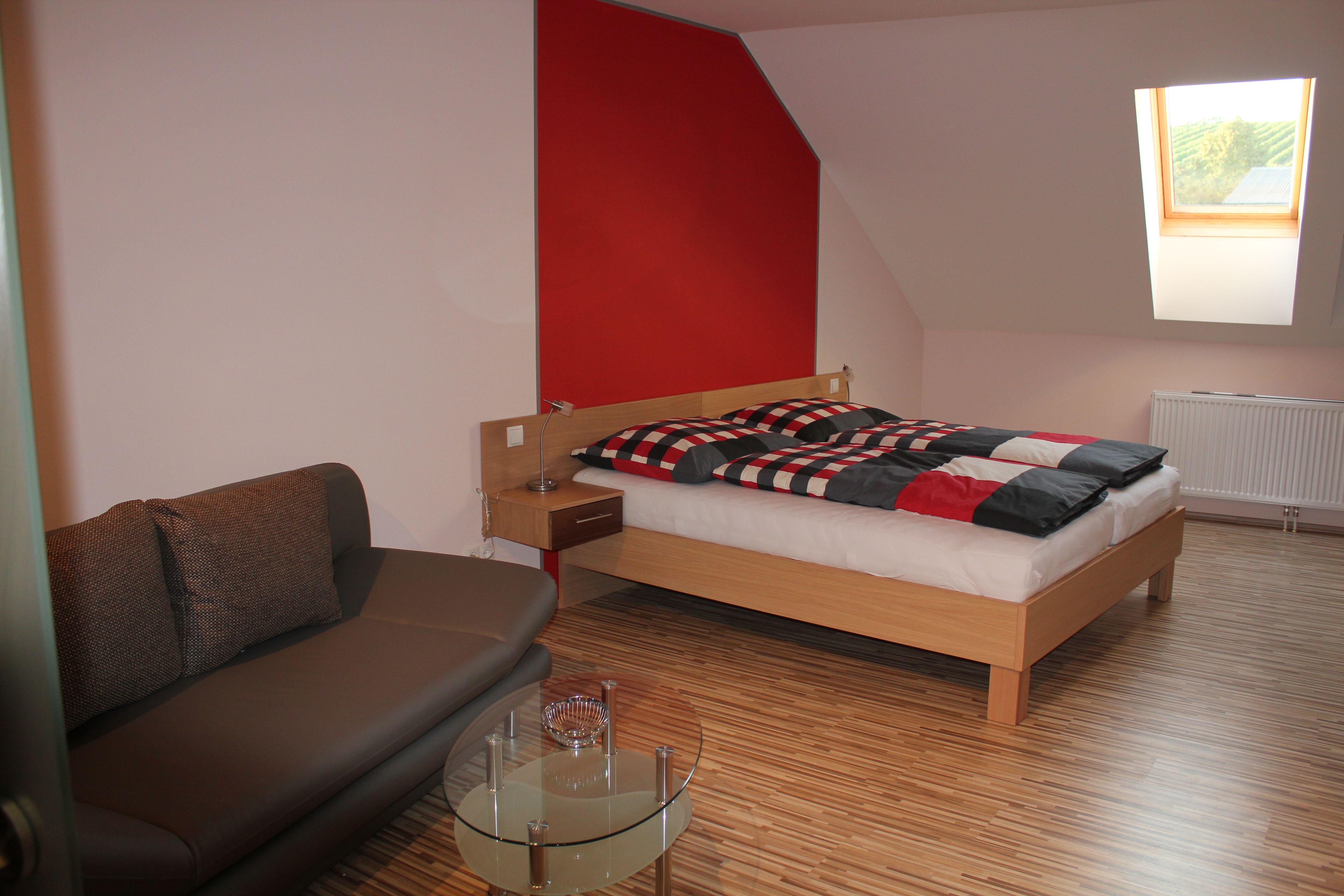 Modern furnished guest room with bed, sofa and skylight.