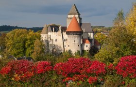 Heidenreichstein Castle in autumn with colorful foliage in the foreground.