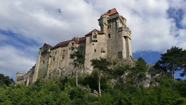Liechtenstein Castle on a hill with trees and a blue sky.