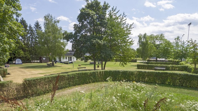 Pitch area with hedges as separation and trees.
