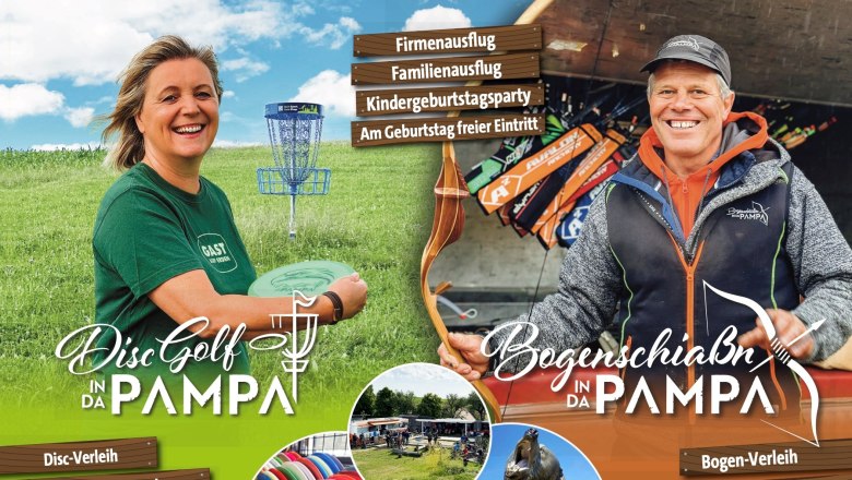 Flyer for disc golf and archery in the Pampa with pictures of a woman with a disc golf target and a man with a bow in his hand.