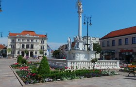 Main square with baroque column and flowerbeds, in the background a historic building.