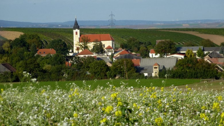 View of a village with a church and red roofs, surrounded by green fields and hills.