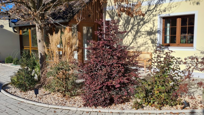 Garden view of a vacation home with plants and trees in front of a yellow facade.