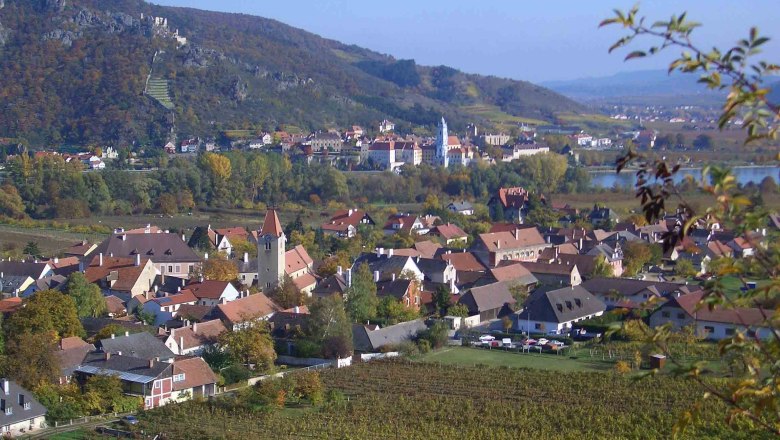 Guesthouse Hubmaier, © Donau NÖ Tourismus Panorama of a picturesque town with vineyards and a river in the background.