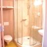 Small bathroom with shower, toilet and washbasin.