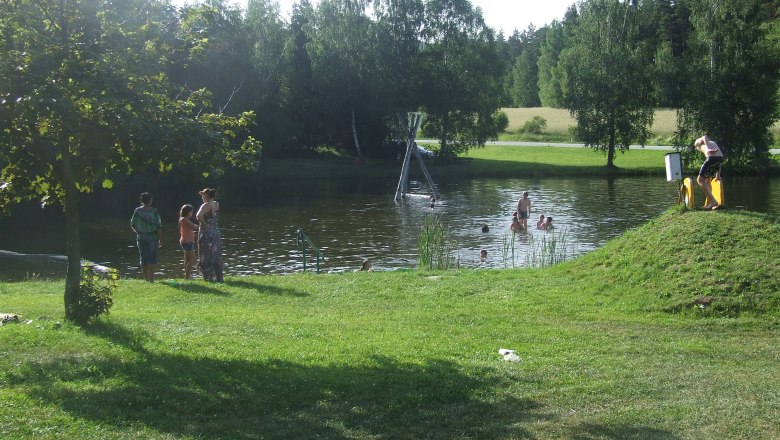 People bathing in a natural pond surrounded by trees and meadows.