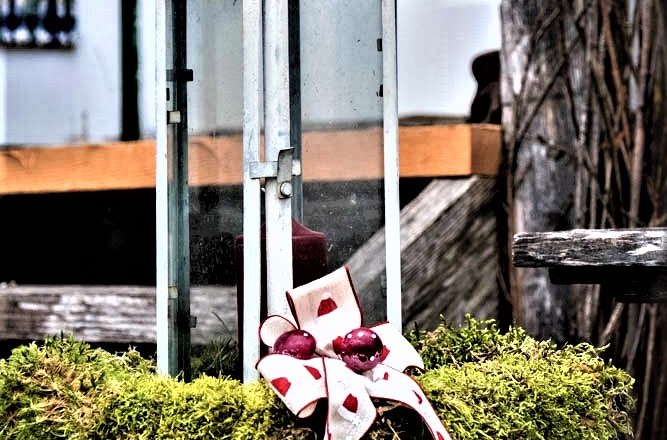 Lantern decorated with moss and ribbon.
