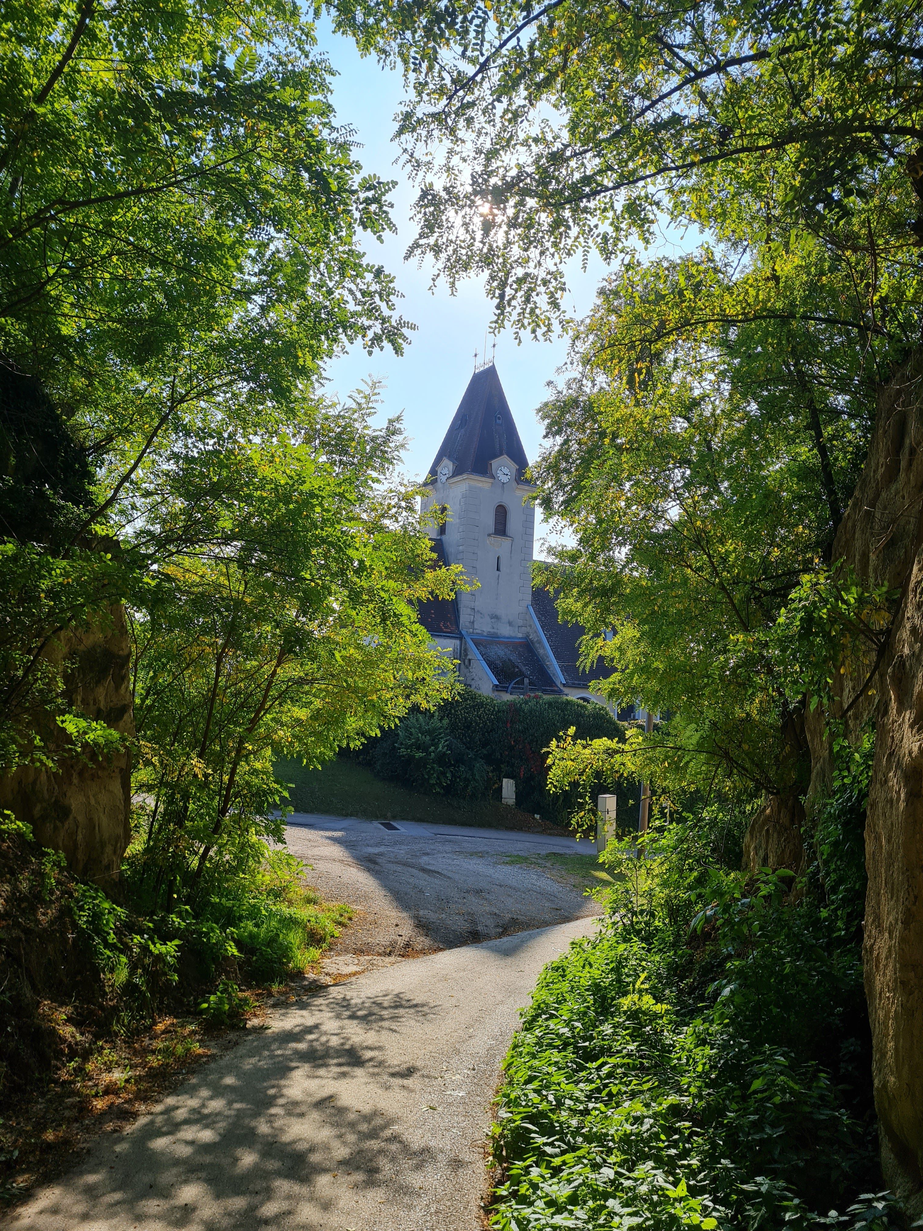 Shady sunken path, a church in the background