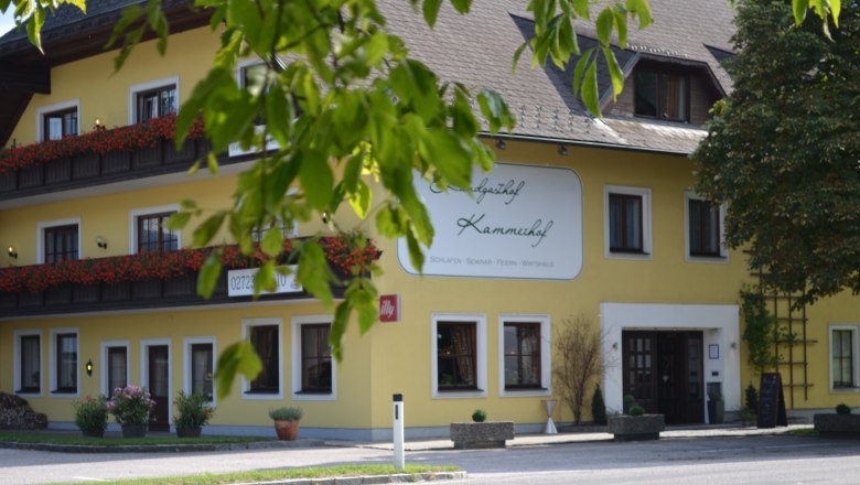 Country inn Kammerhof, © zVg Landgasthof Kammerhof Yellow building with sign 'Landgasthof Kammerhof', flower boxes and trees in the foreground.