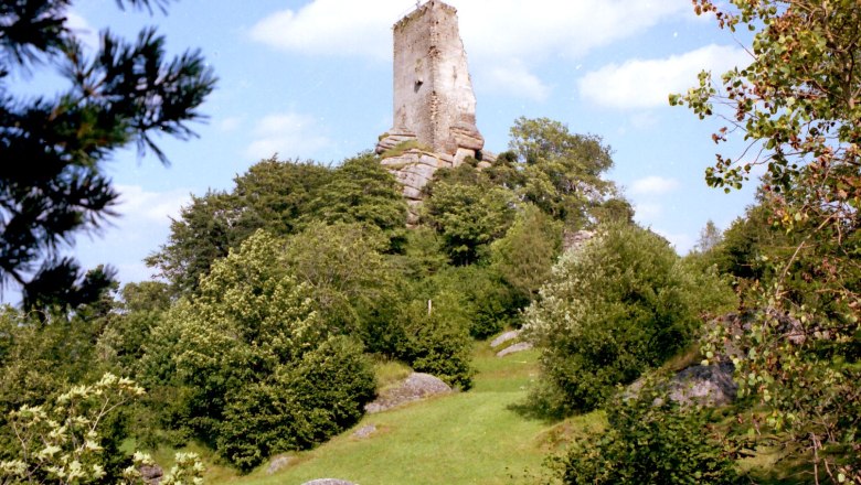 Ruin Arbesbach on a wooded hill with blue sky in the background.