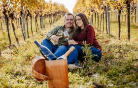 A couple is sitting in a vineyard holding glasses of wine. In front of them is a picnic basket with a bottle of wine.