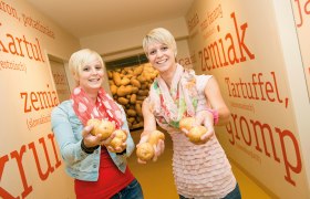 Two women hold potatoes in a room with potato names on the walls.