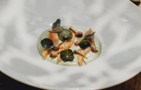 A plate with salmon trout, nasturtium cream and nasturtium leaves, decorated with chive buds.