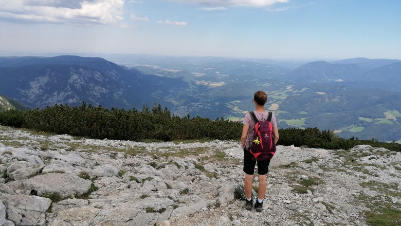 A person with a red backpack stands on a rocky mountain and looks into the valley.