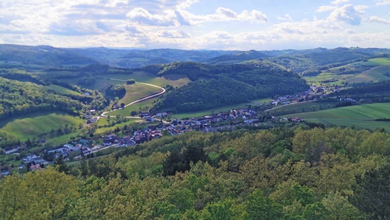 Panoramic view of green hilly landscape with forests, blue sky and small village.