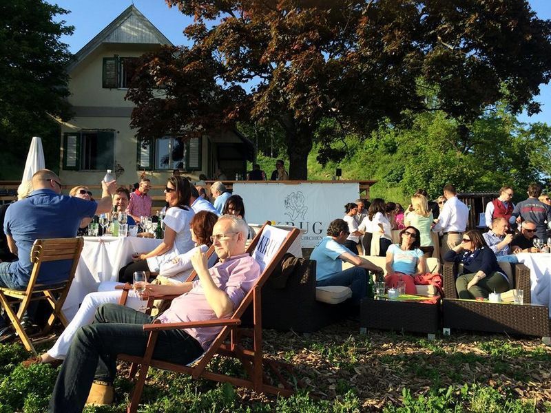 People relaxing at a garden party in front of a house with trees.