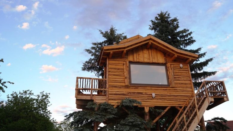 Wooden tree house with small balcony