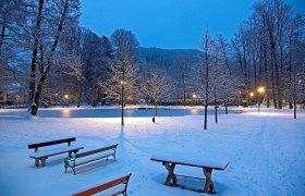 Snow-covered park with benches and illuminated trees in the evening.