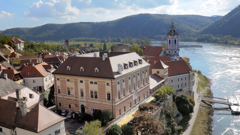 Aerial view of a castle on a river with surrounding buildings and hills in the background.