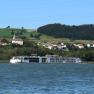 A river cruise ship sails on a river in front of a green hilly landscape with a village in the background.