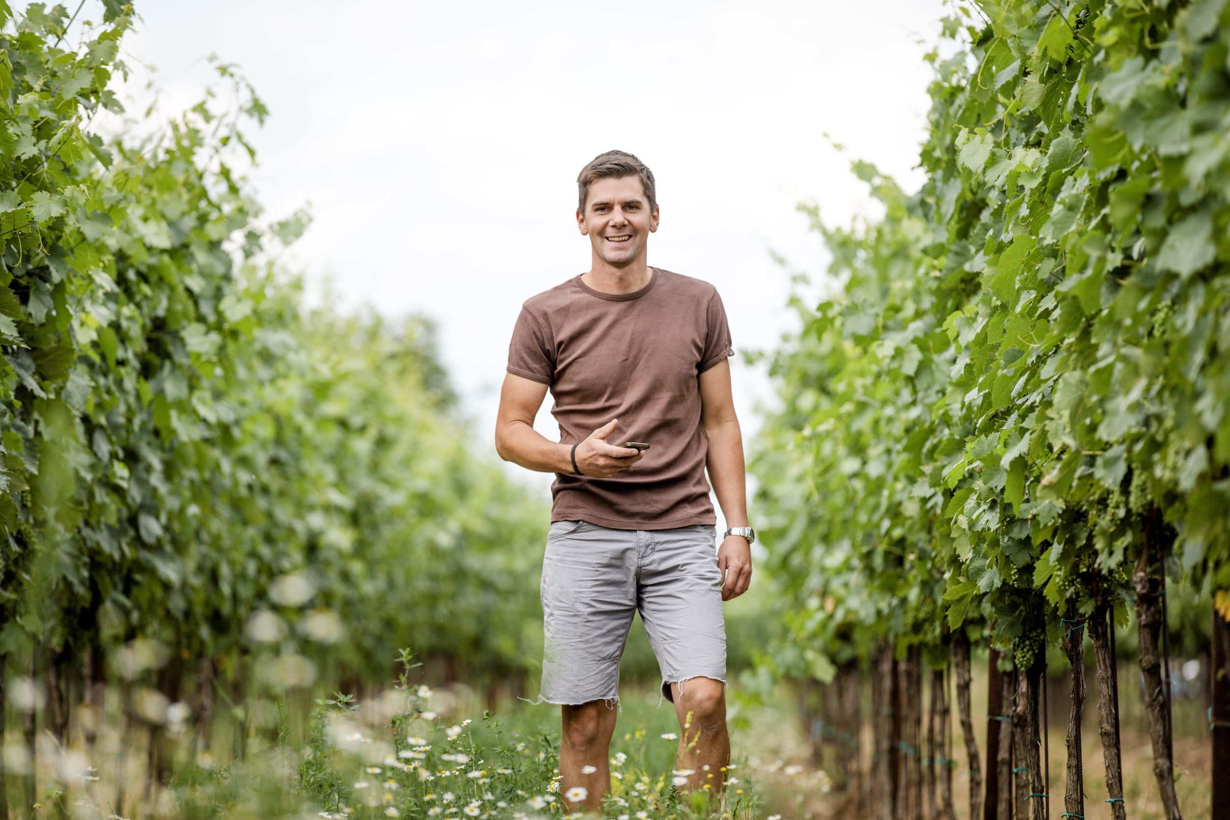 A man in a vineyard, smiling and in casual clothes, surrounded by green vines.