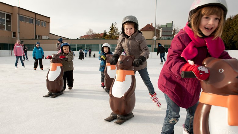 Children skating with penguin aids on an ice rink.