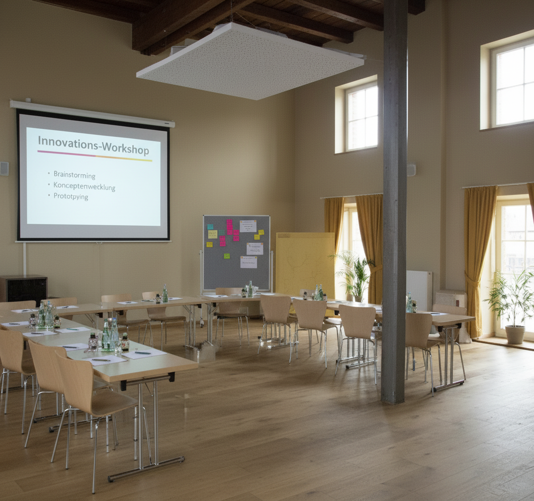A bright room with a U-shaped table setup for an innovation workshop. 'Innovation workshop' is written on a screen.