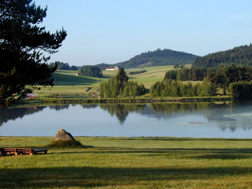 A peaceful lake with surrounding meadows and forests in a rural landscape.