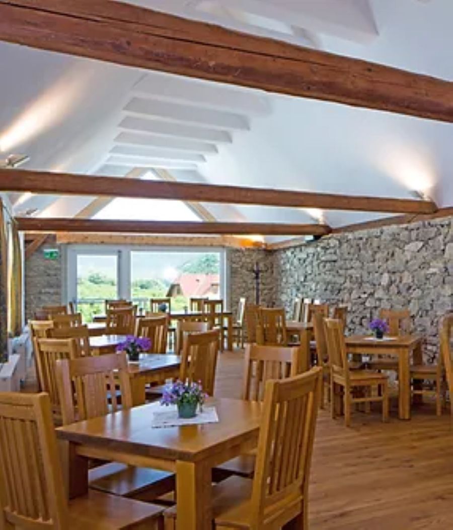 Dining room with wooden tables and chairs
