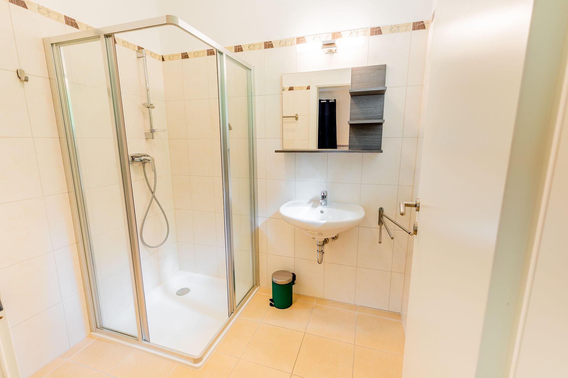 Modern bathroom with shower cubicle, washbasin and mirror.