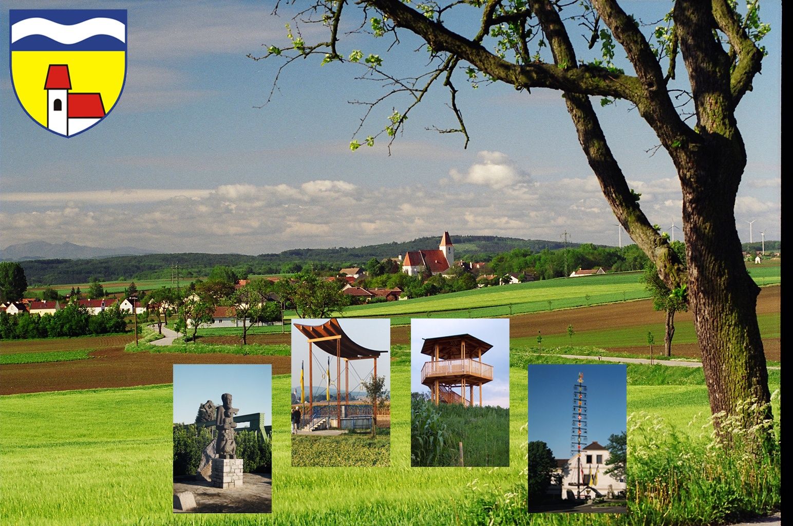Landscape with church and tree in the foreground, several small pictures of places of interest superimposed.