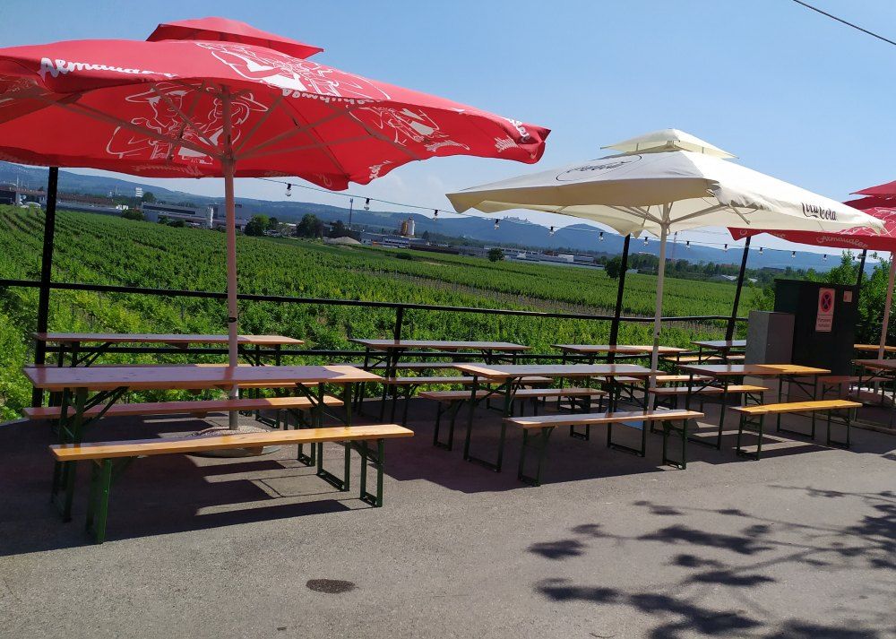 Beer garden with tables and parasols in front of a vineyard.