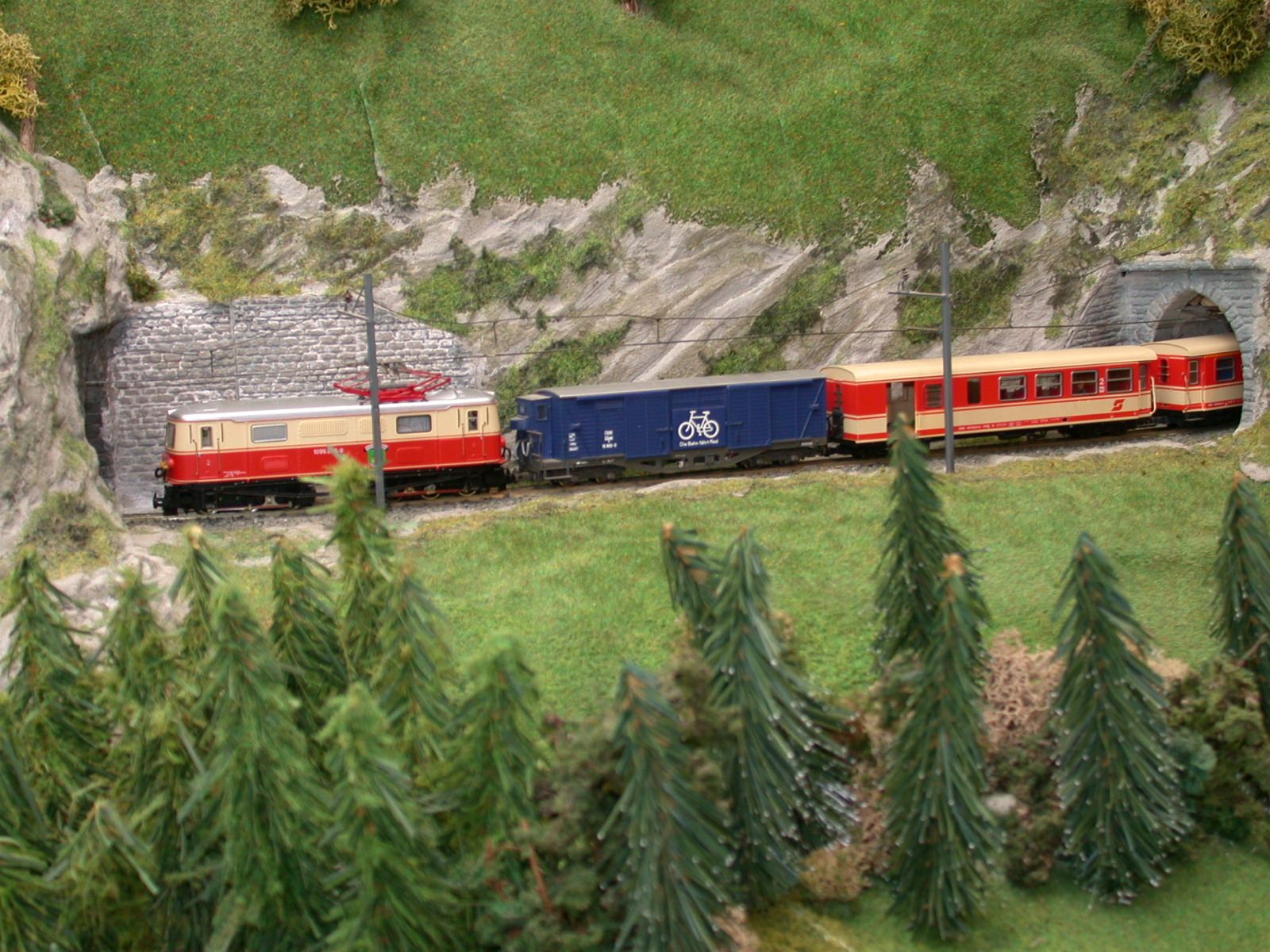 Model train runs through a tunnel opening in a miniature landscape with trees and rocks.