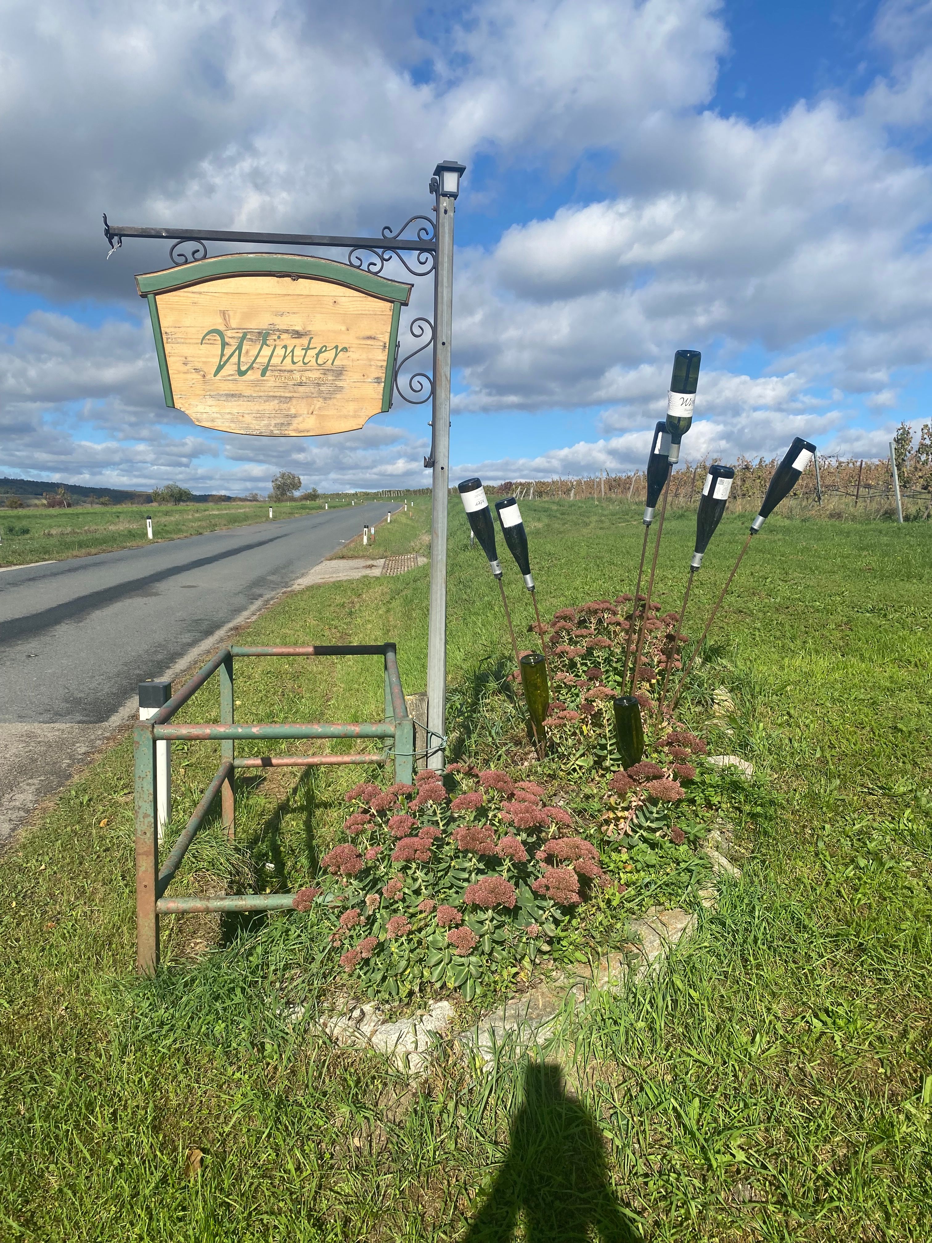 A wooden sign saying 'Winter' stands at the side of the road next to a meadow with flowers and bottles as decoration.
