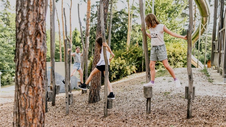 Children playing on an outdoor climbing course.